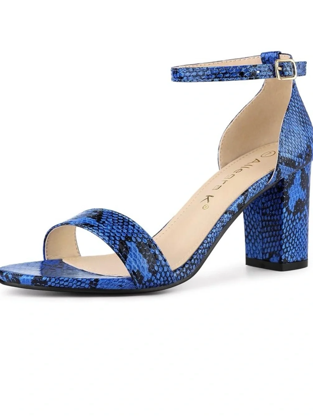 Allegra K Blue Snake-Print Ankle-Strap Block Heel Sandal
